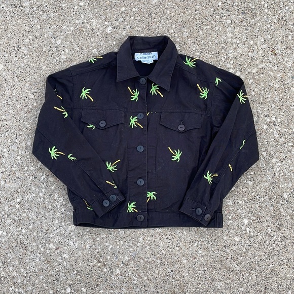 Vintage Casey Coleman black jacket with green golden brown palm trees in size S